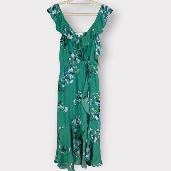 Socialite Ruffle Print Wrap Midi Dress Kelly Green Floral Women's Sz XS NWOT - Picture 3 of 7